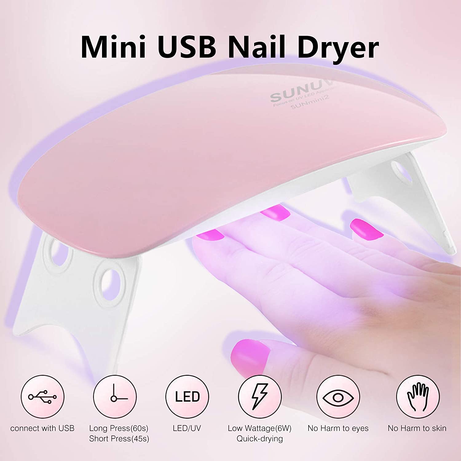 Pink Nail Art Dryer LED UV Lamp Portable Micro Nail Art UV Gel Varnish Curing Machine For Home Use USB Charging Manicure Tool